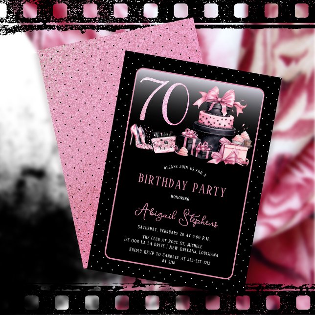 Convite Festa de aniversário de 70 de Moda Preta com Grelh (Glam Pink and Black French Couture Fashion 70th Birthday Party Invitation)