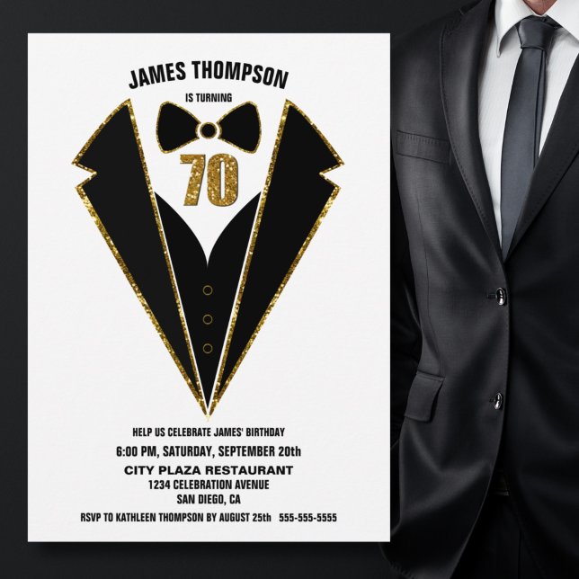 Convite Festa de aniversário de 70 de Tuxedo Dourado preto (Criador carregado)