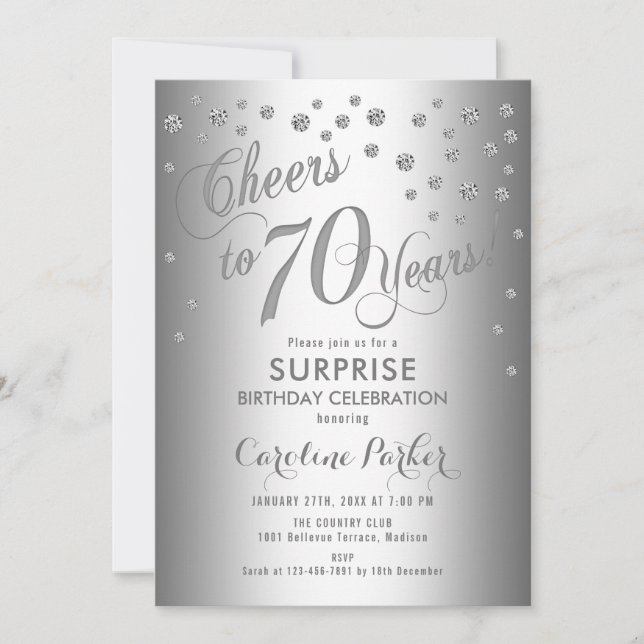 Convite Festa de aniversário de 70 surpresas - Prata (Frente)