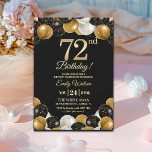 Convite Festa de Aniversário de 72 Anos com Brilho Preto E