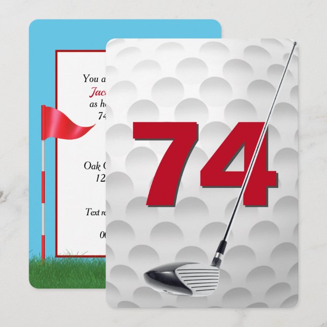 Convite Festa de Aniversário de 74 anos com Tema de Golfe (Frente/Verso)