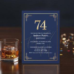 Convite Festa de Aniversário de 74 anos Elegante Azul Dour