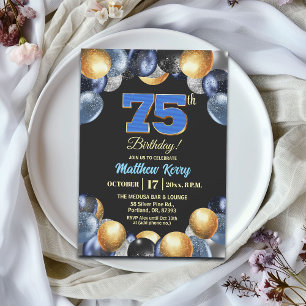Convite Festa de Aniversário de 75 anos Azul Prata Dourado