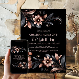 Convite Festa de Aniversário de 75 anos Black Pink Floral
