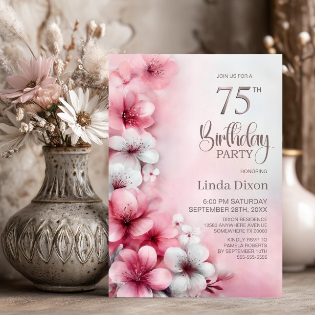 Convite Festa de Aniversário de 75 anos com Flores Rosa e  (Criador carregado)
