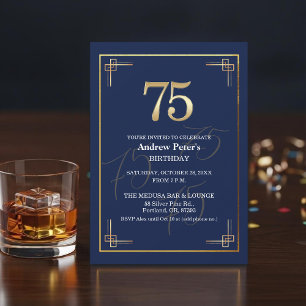 Convite Festa de Aniversário de 75 anos Elegante Azul Dour