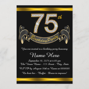 Convite Festa de Aniversário de 75 anos Preto e Dourado