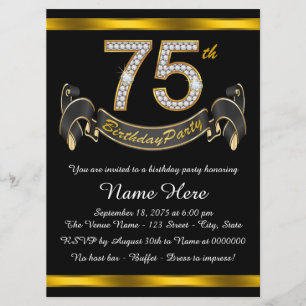 Convite Festa de Aniversário de 75 anos Preto e Dourado