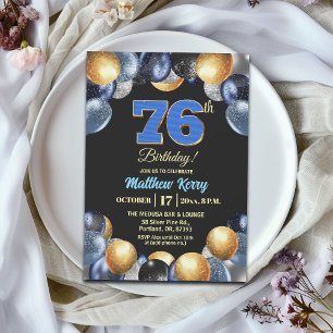 Convite Festa de Aniversário de 76 anos Azul Prata Dourado