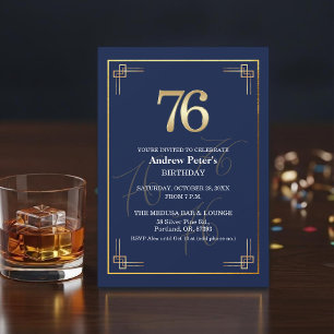Convite Festa de Aniversário de 76 anos Elegante Azul Dour