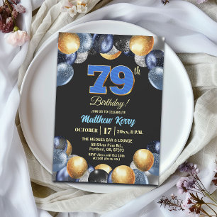 Convite Festa de Aniversário de 79 Anos Azul Prata Dourado