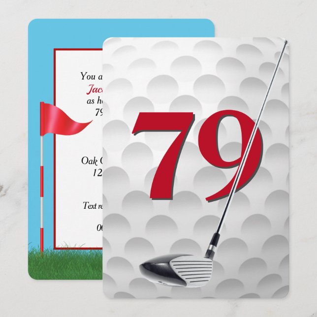 Convite Festa de Aniversário de 79 anos com tema de golfe (Frente/Verso)