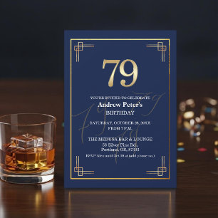 Convite Festa de Aniversário de 79 anos Elegante Azul Dour