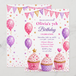 Convite Festa de Aniversário de 7 anos com Cupcake Rosa