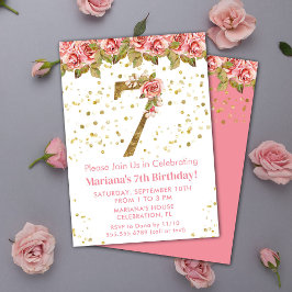 Convite Festa de Aniversário de 7 anos com Rosas Florais R