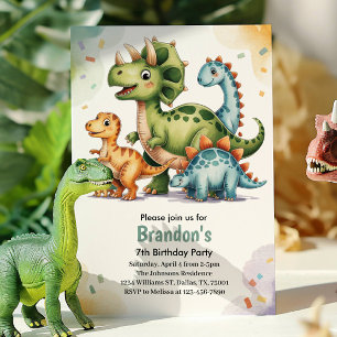 Convite Festa de Aniversário de 7 Anos de Dinossauros para