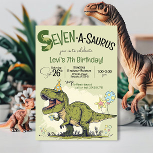 Convite Festa de Aniversário de 7 anos do Dinossauro T-Rex