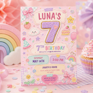 Convite Festa de Aniversário de 7 Anos Menina Arco-Íris Pa