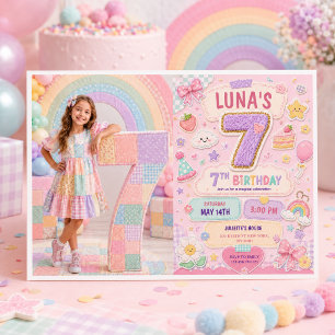Convite Festa de Aniversário de 7 Anos Menina Arco-Íris Pa
