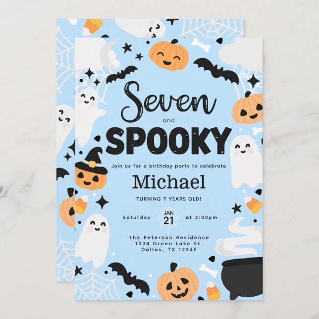 Convite Festa de aniversário de 7 de Fantasmas Cute (Frente/Verso)