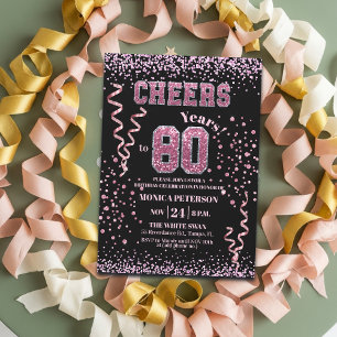Convite Festa de Aniversário de 80 anos com Brilho Rosa e 