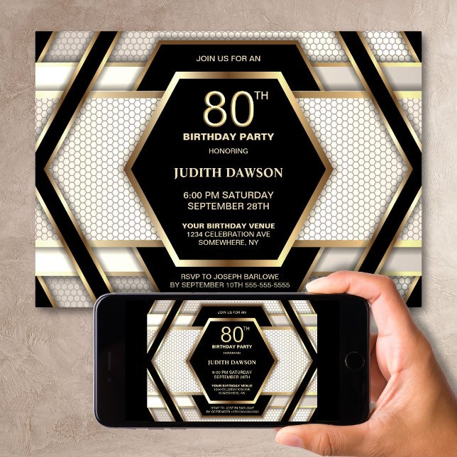 Convite Festa de Aniversário de 80 Anos com Estilo Preto e (Criador carregado)