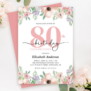 Convite Festa de Aniversário de 80 Anos com Floral Pastel 