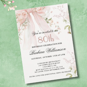 Convite Festa de Aniversário de 80 Anos com Floral Rosa em