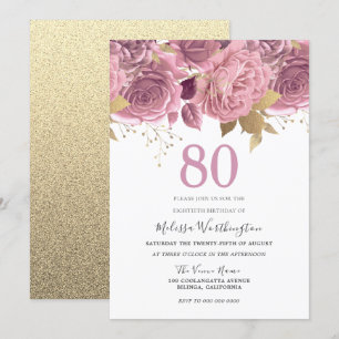 Convite Festa de Aniversário de 80 anos com Flores Rosa e 