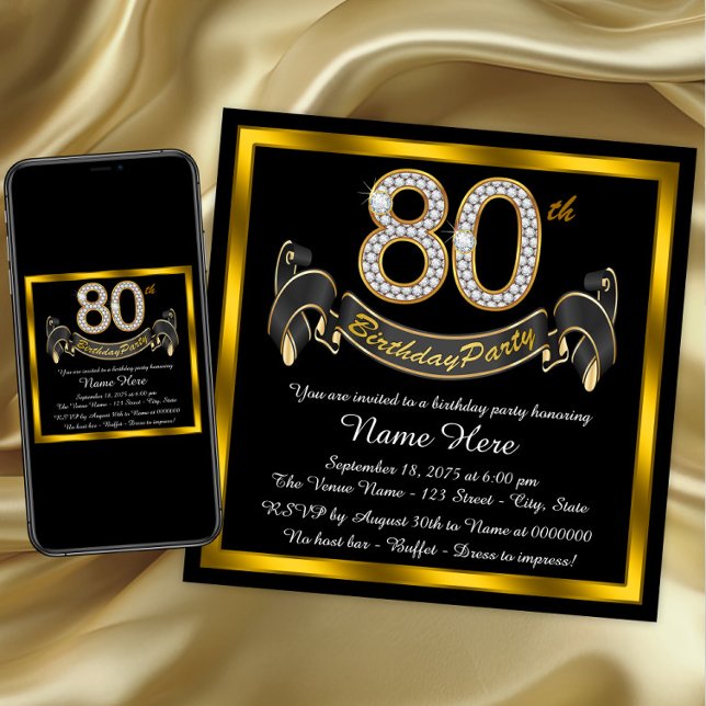 Convite Festa de Aniversário de 80 Anos Elegante em Ouro (80th birthday party invitations. Instant download and printed invitations available. )
