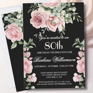 Convite Festa de Aniversário de 80 Anos Elegantes Rosas Pi