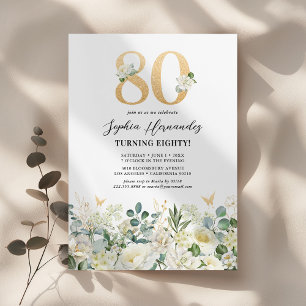Convite Festa de Aniversário de 80 anos Floral Verde e Bra