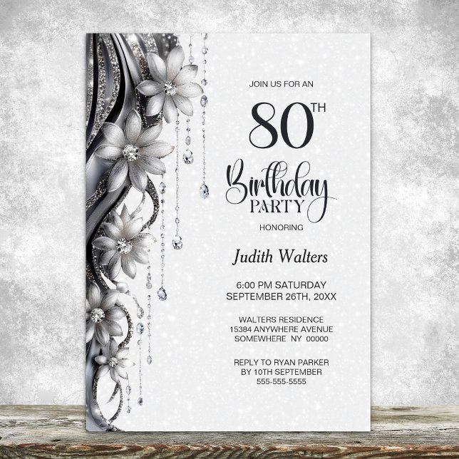 Convite Festa de Aniversário de 80 anos Flores e Diamantes (Criador carregado)