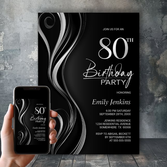 Convite Festa de Aniversário de 80 anos Moderna em Preto e (Criador carregado)
