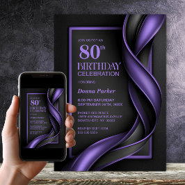 Convite Festa de Aniversário de 80 Anos Preta e Roxa Moder