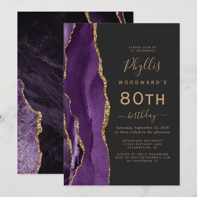 Convite Festa de Aniversário de 80 anos Purple Gold Agate  (Frente/Verso)