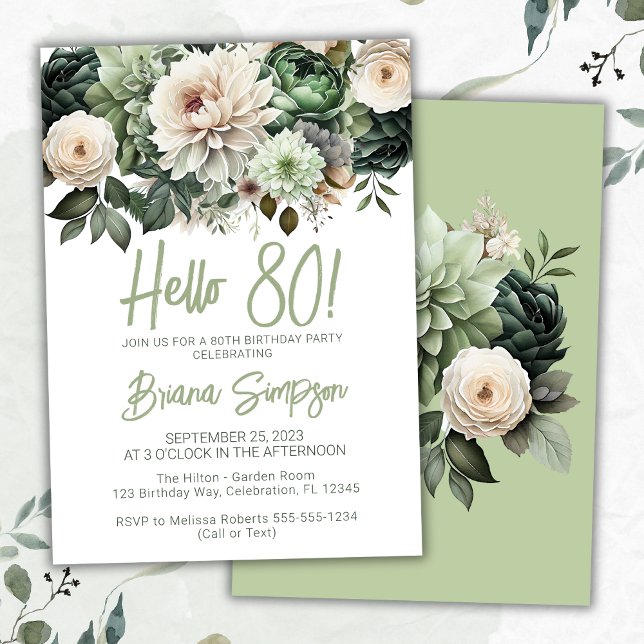 Convite Festa de Aniversário de 80 anos Sage Verde Floral (Criador carregado)