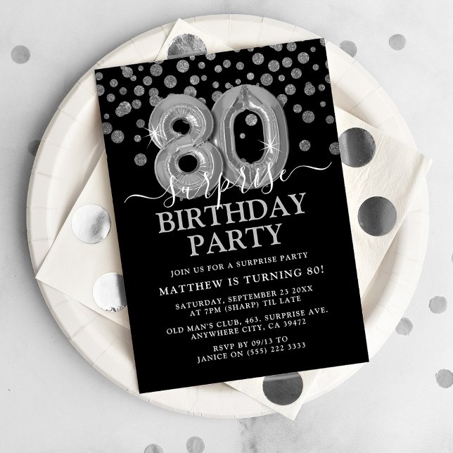 Convite Festa de Aniversário de 80 anos Surpresa Preta e P (Criador carregado)