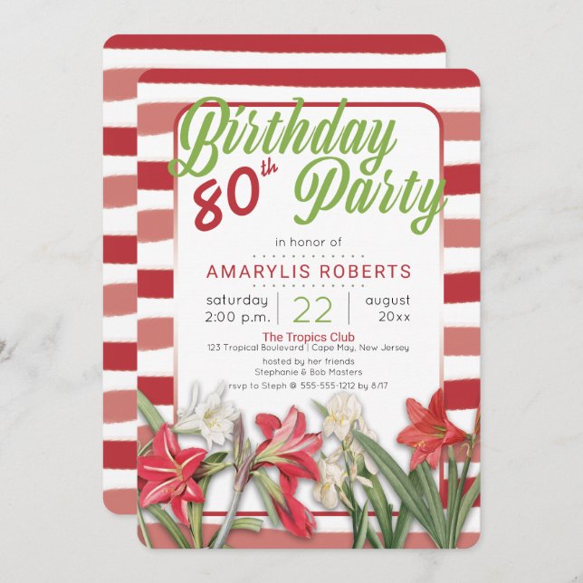 Convite Festa de aniversário de 80 com risca tropical (Frente/Verso)