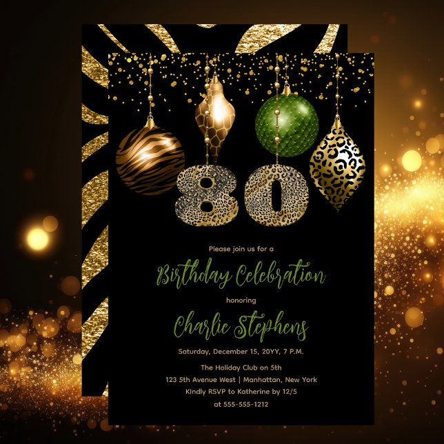 Convite Festa de aniversário de 80 de Balas de Animais Tro (Glamorous Tropical Animal Print Baubles 80th Birthday Party Invitation in Black, Gold & Olive Green)