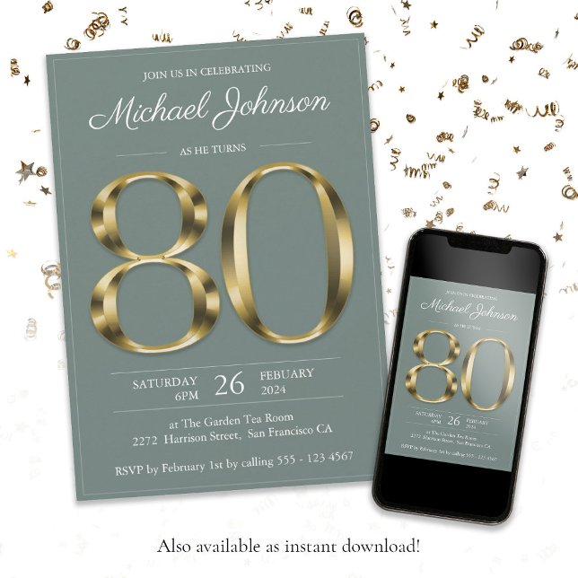 Convite Festa de aniversário de 80 de classe de imagem de  (80th Eightieth Gold Text Sage Classy Birthday Invitation)