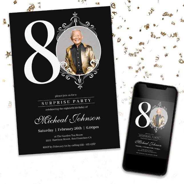 Convite Festa de aniversário de 80 de Fotografias Simples  (Surprise Simple Elegant Photo 80th Birthday Party Invitation)