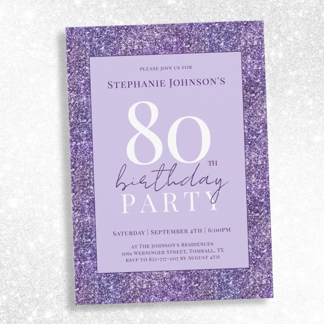 Convite Festa de aniversário de 80 de Lâmpada Roxa Elegant (Elegant Purple Glitter 80th Birthday Party Invitation)