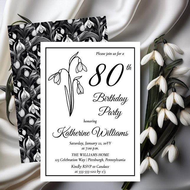 Convite Festa de aniversário de 80 de Neves Elegante (Elegant January Birth Month Snowdrops Floral "80th Birthday Party" Invitations -- Print | Download)