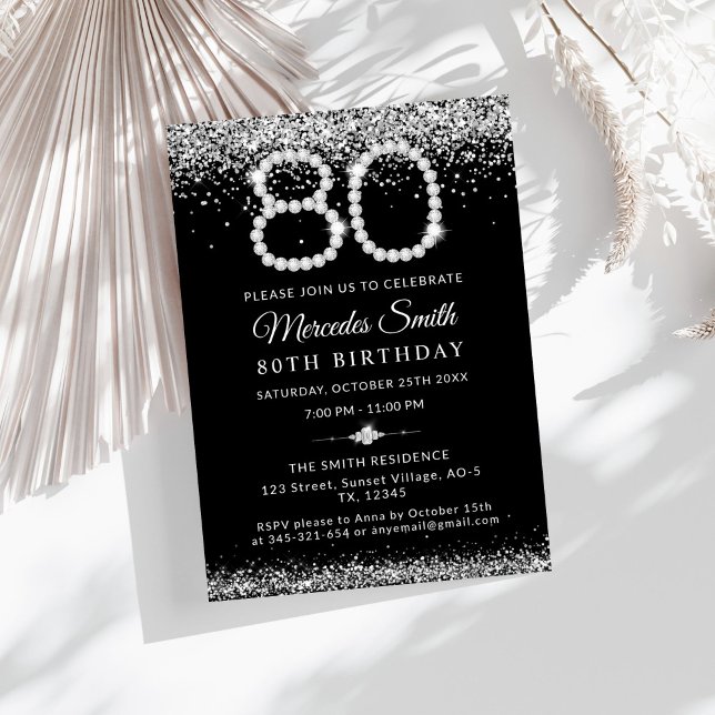 Convite Festa de aniversário de 80 de Ouros Elegante (Glam Silver Diamonds 80th Birthday Party Invitation )