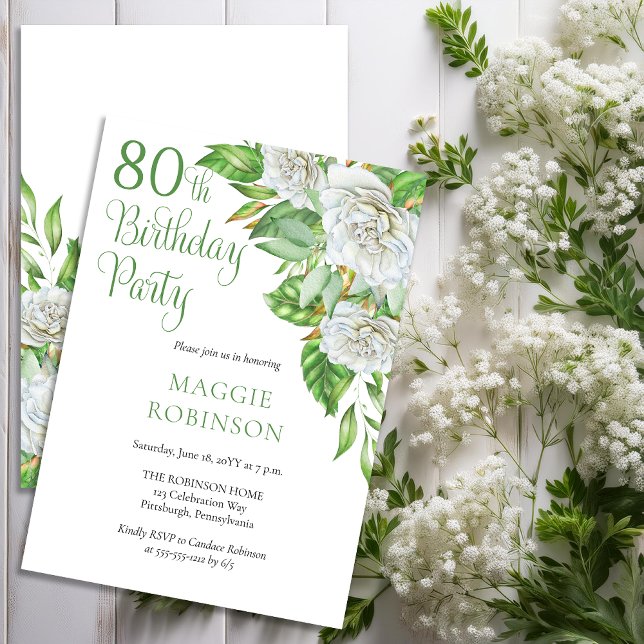 Convite Festa de aniversário de 80 de roscas brancas de aq (Elegant Watercolor White Roses and Greenery 80th Birthday Party Invitation - Print | Download)