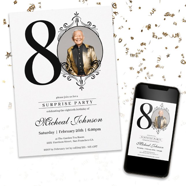 Convite Festa de aniversário de 80 de Surpresa Elegante Si (Simple Elegant Photo Surprise 80th Birthday Party Invitation)