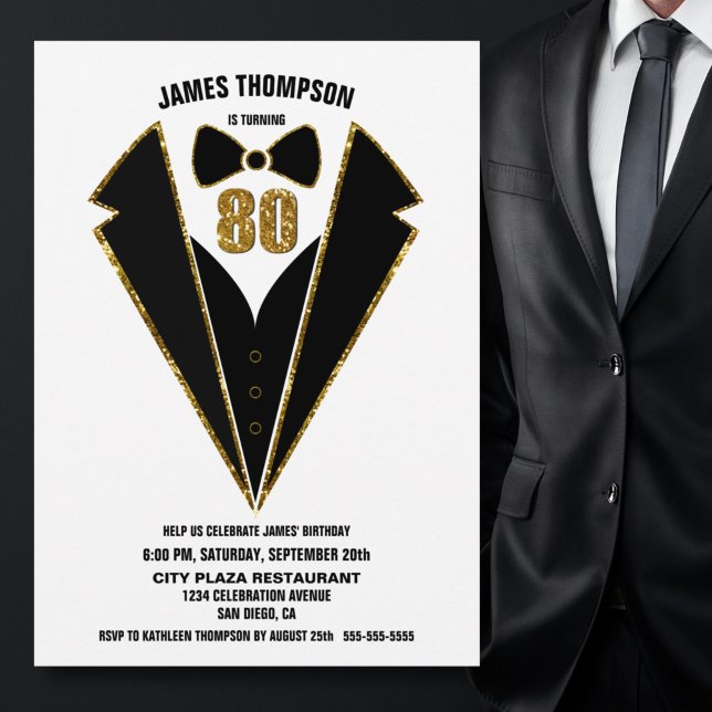 Convite Festa de aniversário de 80 de Tuxedo Dourado preto (Criador carregado)