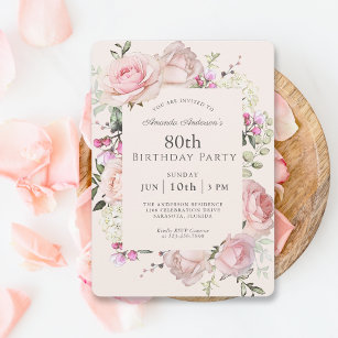 Convite Festa de aniversário de 80 Floral Rosa-Rosa de-Ver