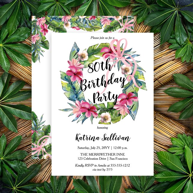 Convite Festa de aniversário de 80 Tropical Rosa Boho (Boho Pink Hibiscus and Tropical Leaves with Pink Coquette Bow 80th Birthday Party Invitation)